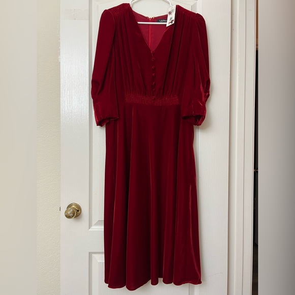 🆕New LAUREN Ralph Lauren Velvet Puff-Sleeve Dress women Size 10 wine red - Picture 2 of 7